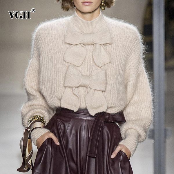 

vgh autumn bow patchwork jumper sweater female turtleneck lantern sleeve loose sweater for women fashion new clothes 2019 korean, White;black