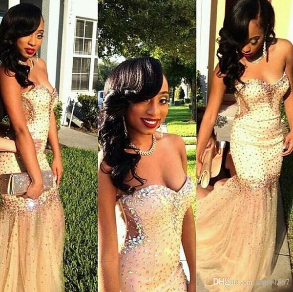 

prom dresses champagne meramid formal evening gowns bling crystal beading sweetheart neck black girls dresses vestidos de novia aw445