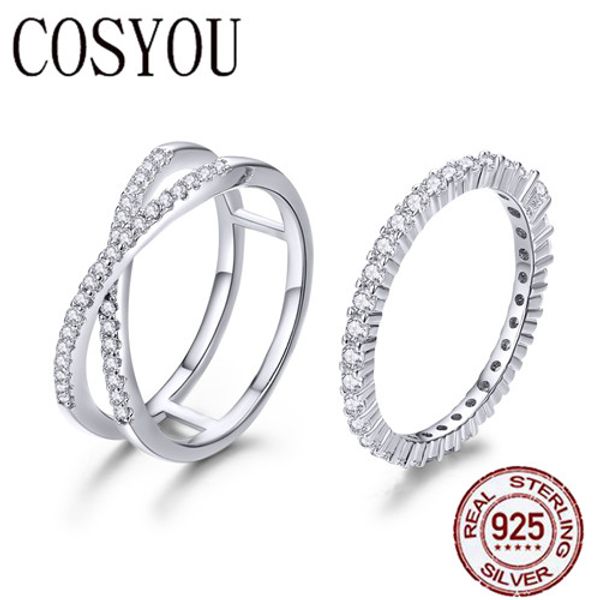 

cosyou 2 шт. аутентичные стерлингового серебра 925 ослепительно cz геометрические кольца для женщин обручальные ювелирные изделия anel scr46, Golden;silver