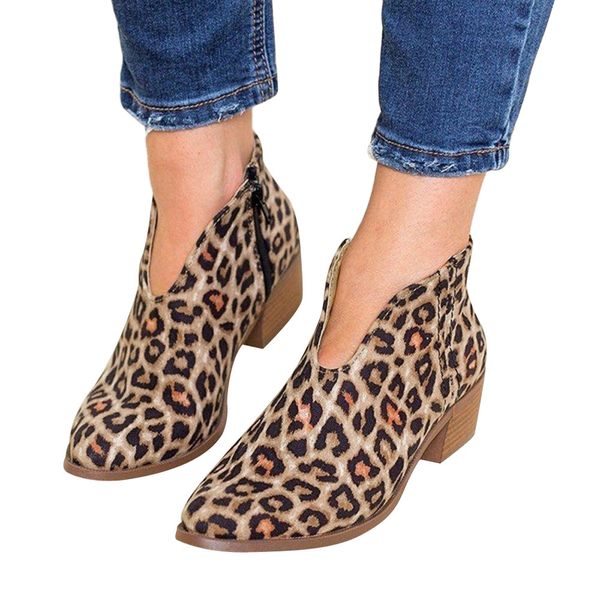 

2019 autumn women shoes retro leopard print med heel ankle boots female block mid heels casual botas mujer booties feminino, Black