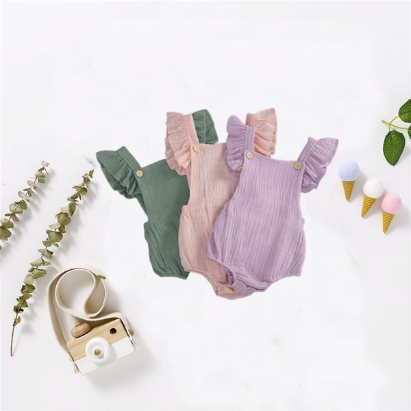 

jumpsuits 0-18m born bbay girls clothes solid color cute girl princess romper summer outfit ruffles sleeve bodysuits button, Blue