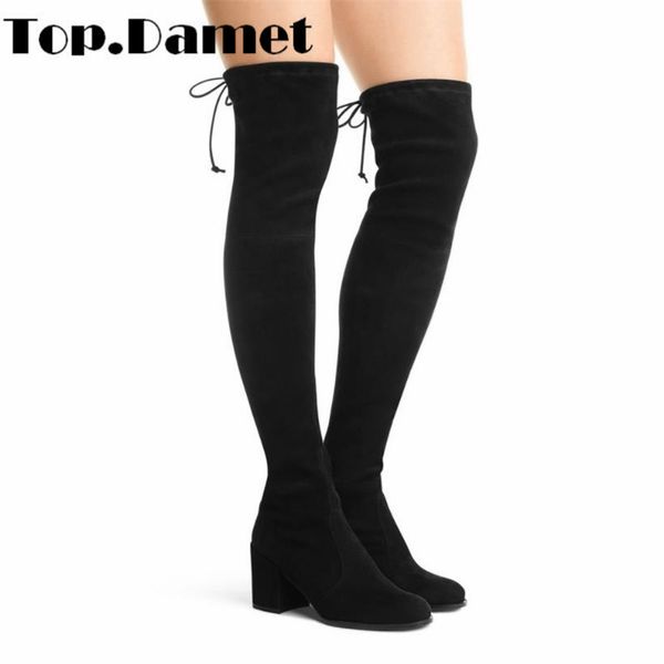 

damet thigh high boots women round toe square heel flock long boots plus size autumn winter over the knee ladies, Black