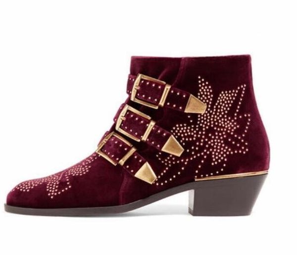 

autumn winter ankle boots for women gold buklce rivets decoration chunkly heels studded boots round toe side zipper ladies shoes, Black