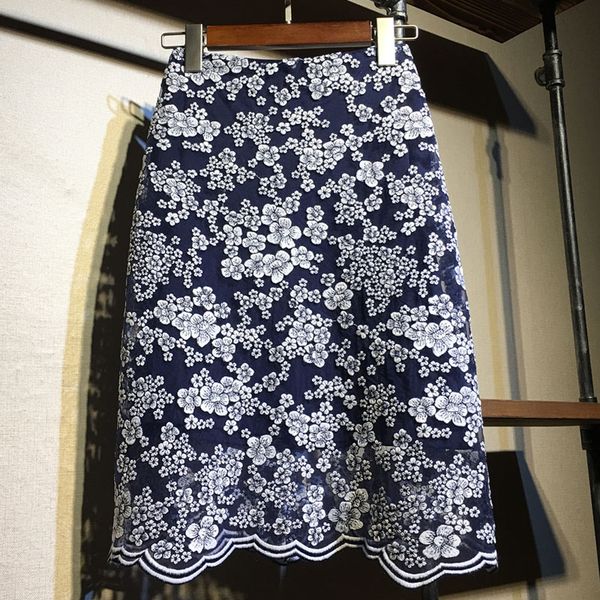 

navy blue lace midi skirt with white floral embroidery vintage womens skirt chinese style saia faldas mujer *, Black