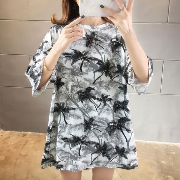 

summer printing holiday long t-shirts for women short sleeve beachwear casual o-neck shirts camiseta mujer verano #30, White