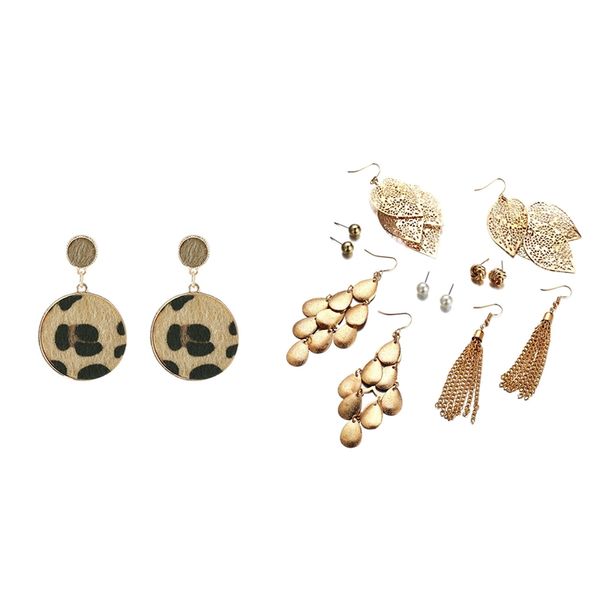 

7 pair earrings:1 piar leopard suede earrings jewelry personality atmosphere geometric brown earrings round & 6 pair gold earrin, Silver