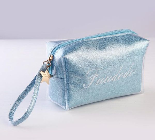 

50pcs women pu glitter transparent protable waterproof solid cosmetic bag 4colors