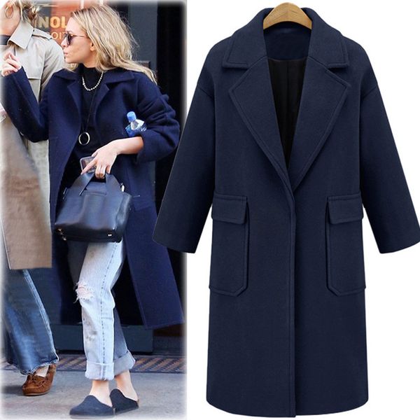 

women winter woollen coat long sleeve turn-down collar oversize blazer outwear jacket elegant overcoats loose plus size 3 color, Black