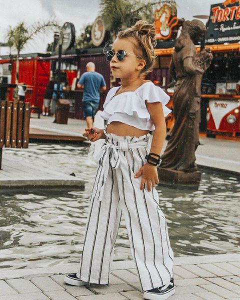 

toddler kids baby girls clothes crop ruffle sleeve long striped pants outfit, Black;blue