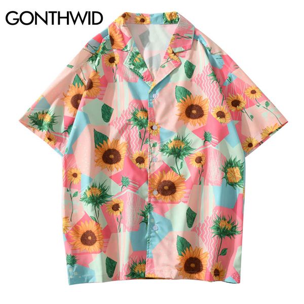 

gonthwid sunflower print geometric color block patchwork hawaiian shirts men casual short sleeve aloha camp tropical shirt, White;black