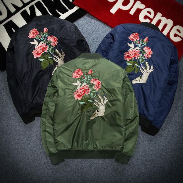 

new autumn bomber jacket men cotton padded rose &hand embroidery casual long sleeve black pilot jacket male, Black;brown