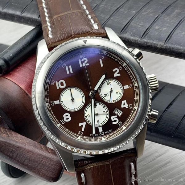 

pin buckle alligator leather strap aviator 8 quartz chronograph luminous arabic numerals markers red dial mens watch man wristwatches, Slivery;brown