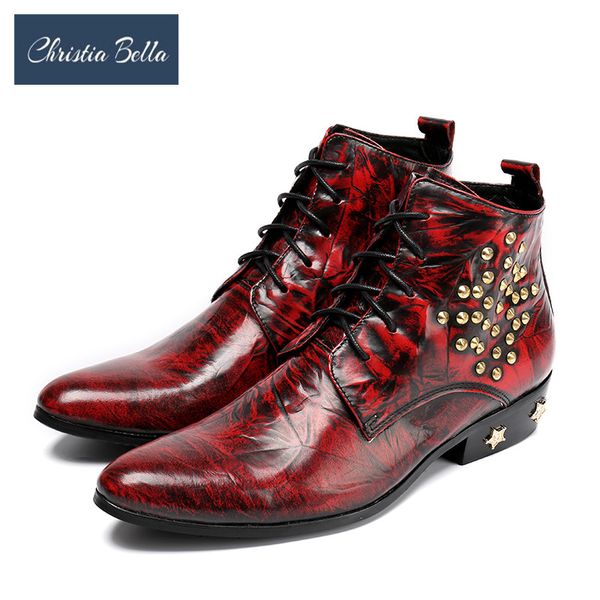 

christia bella winter rivets men shoes genuine leather boots new fashion pointed toe boots plus size ankle lace up, Black