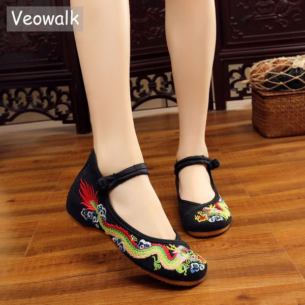 

veowalk handmade cotton ballet flats chinese dragon embroidery women's old beijing shoes casual breathable driving shoes, Black