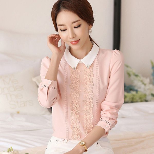

2019 autumn fashion long sleeve turn down collar shirt office ladies lace blouse female casual chiffon blouses women, White