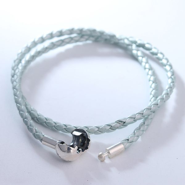 

pearl light blue double leather bracelet fits sterling silver original charms & beads for woman diy jewelry making, Golden;silver