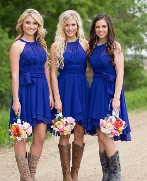 

country blue bridesmaid dresses jewel neck chiffon knee length wedding guest wear party dresses maid of honor gowns, White;pink