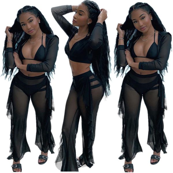 

designer swimsuit yt3099 european and american fashion womens mesh wooden ear coat zipper two-piece suit, Black;gray