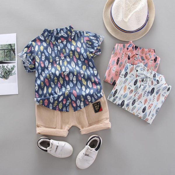 

fashion toddler kids baby boy summer short sleeve feather pattern printing shirt +shorts set casual children clothes set, White