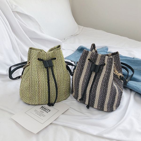 

auau-новая женская соломенная сумка-ведро с завязками на шнуровке летние тканые сумки на ремне для покупок кошелек пляжная сумка соломенная