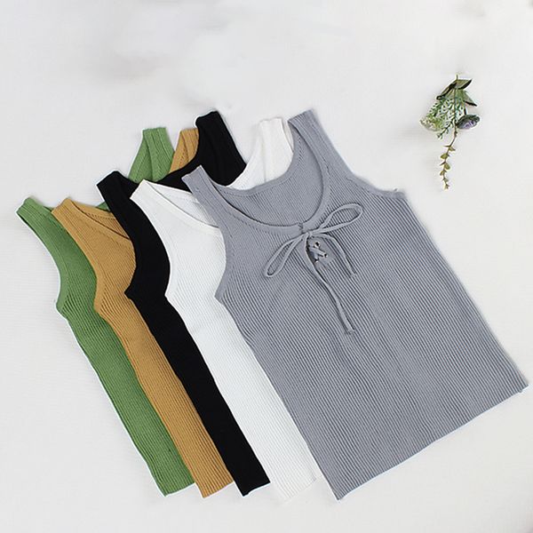 

summer white cotton bow crop women clothes round neck sleeveless black shirt women casual grey tank underwear