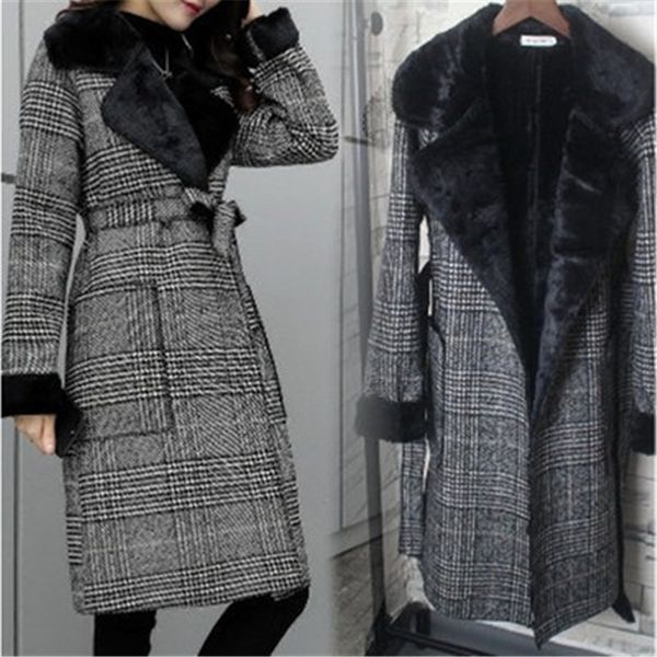 

2019 faux fur wool blend coat women turn-down collar outwear long plaid trench coat casual autumn winter parka overcoat xa211, Black
