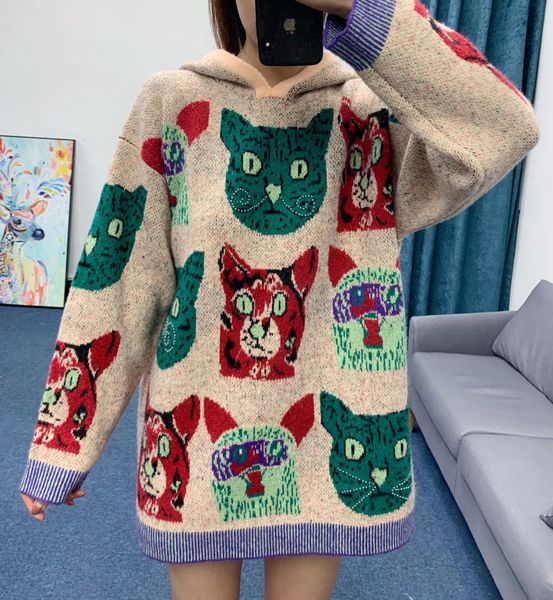 

europe station 2019 new women's cat hooded knitted dress autumn and winter loose thin sweater wool dress, Black