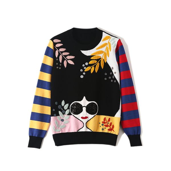 

designer women's winter fashion sweater brand branches heavy embroidery spell color beaded long-sleeved pullover sweater female europe, White;black