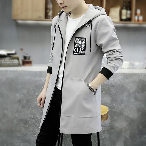 

мода с капюшоном сплошной ветровка карман куртка мужчины марка мужчины новый 2019 осень свободного покроя длинная куртка плащи 4 цвета, Tan;black