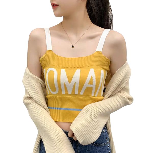 

2019 women's new letter sling vest women's wear inside retro off-shoulder shirt & club knitted tank, White
