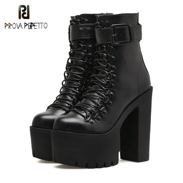 

prova perfetto fashion motorcycle boots women leather spring autumn metal buckle high heels shoes black ankle boots woman lacing