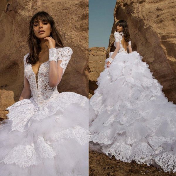 

long sleeves wedding dresses tiered skirts full lace bridal dress sweep train hollow back pnina tornai spring wedding gowns 3878, White