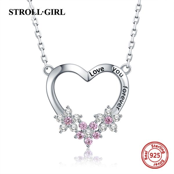 

strollgirl new 925 sterling silver romantic heart chain pink stone necklace for women 2019 fashion jewelry valentine's day gifts