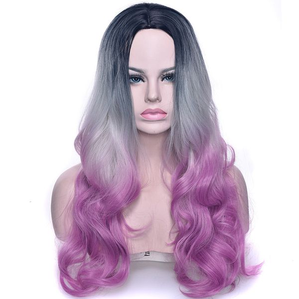 Women Jerry Curly Wigs Ombre Purple Stained Curly Hair Long Middle