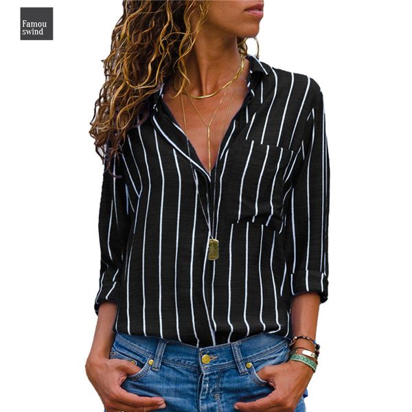 

женщины топы и блузки воротник полосатый с длинным рукавом шифон блузка turn down повседневный офис рубашки для дам плюс размер blusas, White