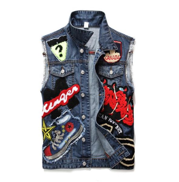

mens embroidered punk vest slim patchwork tank male fashion sleeveless jacket jeans large size waistcoats m/3xl j2869, Black;white