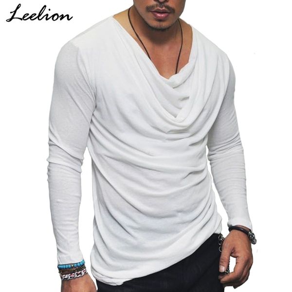 

icelion 2020 new spring t shirt men fashion fold design solid t-shirt long sleeve hip hop streetwear slim fit men's tshirt, White;black