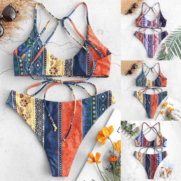 

are you sure not to click in and see women tow-piece swimsuit printing patchwork bikini set beachsuit swimwear sale