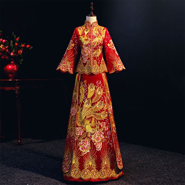 

red women phoenix embroidery wedding dress bride traditions traditional evening gown chinese cheongsam red long sleeve qipao