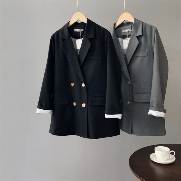 

women autumn turndown neck black slim blazer jacket notched office casual double breasted blazer coat, White;black