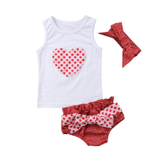 

newborn kids baby girls clothes heart print round neck sleeveless polka dot shorts bow headband 2pc cotton summer outfits, White