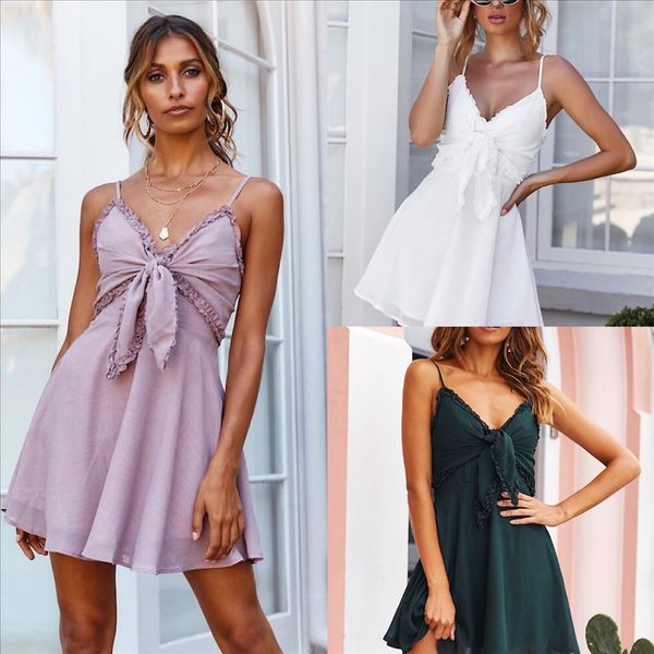 

2019v collar bow waist tie chiffon skirt dress 2019v collar bow waist tie chiffon sling sling skirt dress, White