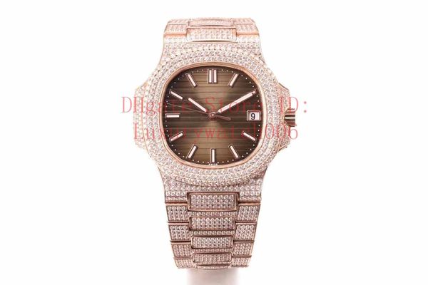 

r8 diamond watch 5719 automatic movement waterproof watch man 40mm stainless sweep move set diamond iced out watch, Slivery;brown