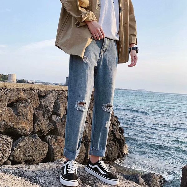 

wholesale 2019 summer thin light color loose jeans hombre streetwear denim men's ripped hole wild ankle length pencil pants male, Blue