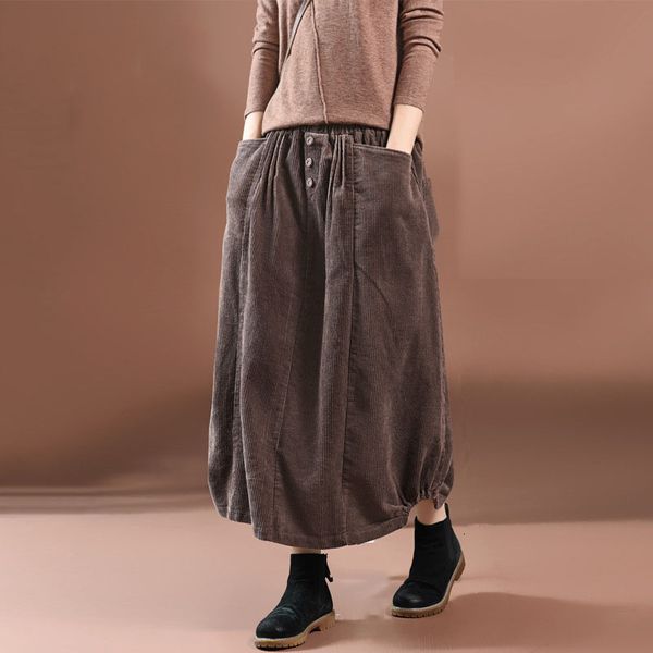 

nini wonderland 2019 autumn classic corduroy skirt women solid vintage long skirts female elastic waist a-line skirt big size, Black;gray