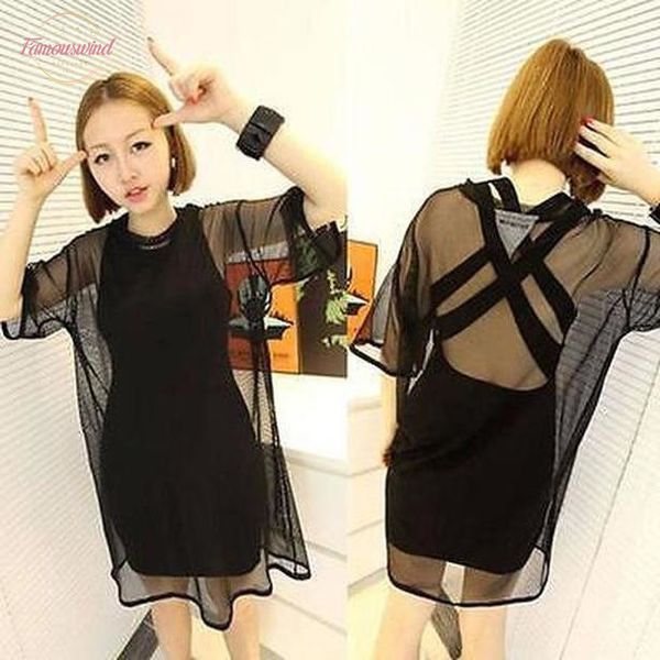 

long women through sheer mesh short sleeve tee t shirt oversize drop shipping good quality, White