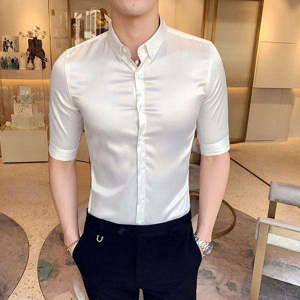 

boutique white shirt men brand designer business mens casual shirts half sleeve turn down collar slim fit men's shirt dress 3xl, White;black