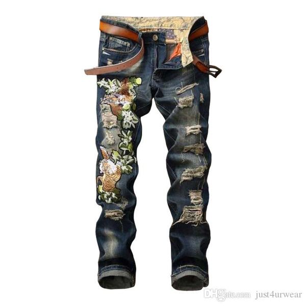 

мода рваные джинсы вышитые hole мотоцикла брюки синий slim fit denim брюки torn стильный молодежный streetwear для мужчин, Blue