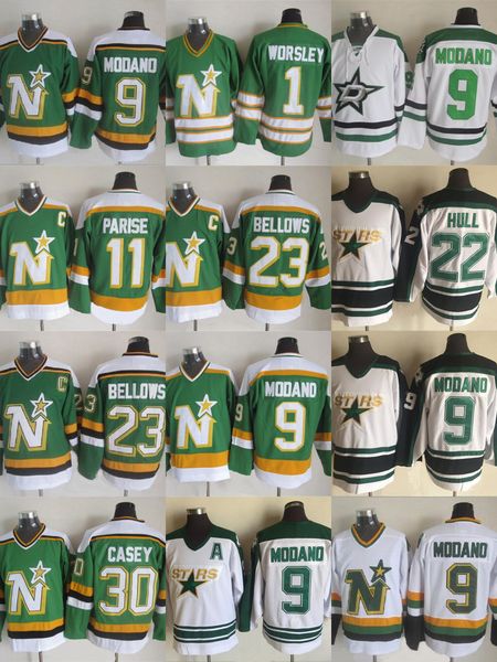 

9 Modano Stitched Stars 1 Wodrsley 11 Parlse 22 Hull 23 Bellows 30 Caesy White Green Ice Hockey Jerseys