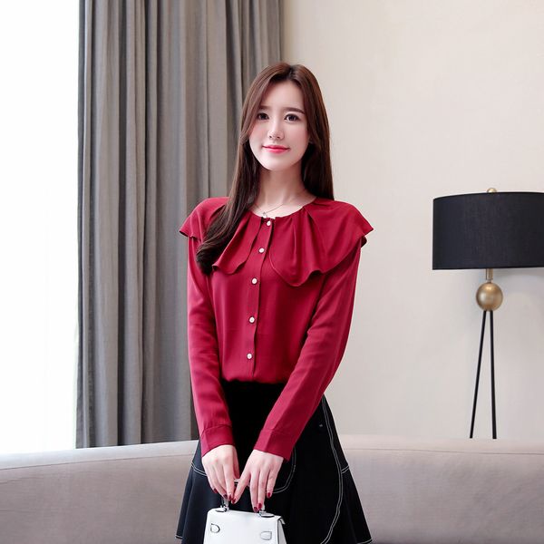 

spring summer women long sleeve casual chiffon blouse female o-neck work wear solid color white office shirts for women#j30